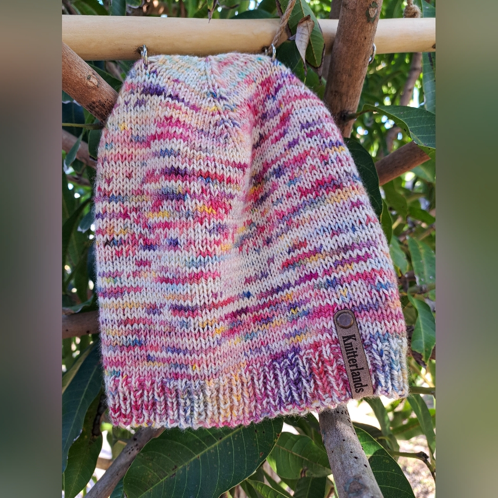 Hand Knit Beanie Hat Stocking Cap Premium Merino Wool Multicolor White Pink